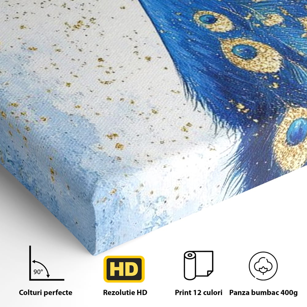 Leinwand Wandkunst Leinwand Wandkunst Premium, LuxCanva® M1077, Königin im goldenen Regen, Vogel, Pfau, Pfau, Feder, Saphir, Golden, Tropfen, Regen, Elegant, Königlich, Geheimnis, Detail, Büro, Wohnen, Kinderzimmer