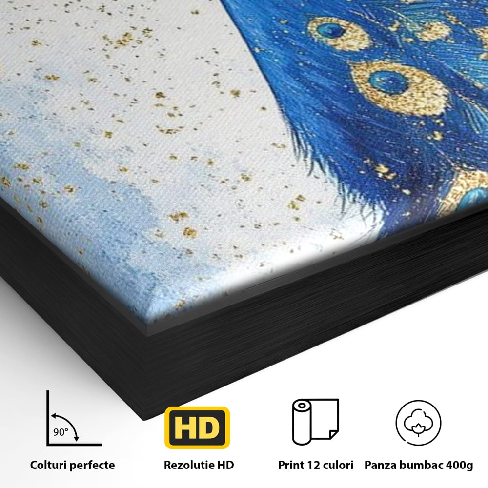 Leinwand Wandkunst Leinwand Wandkunst Premium, LuxCanva® M1077, Königin im goldenen Regen, Vogel, Pfau, Pfau, Feder, Saphir, Golden, Tropfen, Regen, Elegant, Königlich, Geheimnis, Detail, Büro, Wohnen, Kinderzimmer