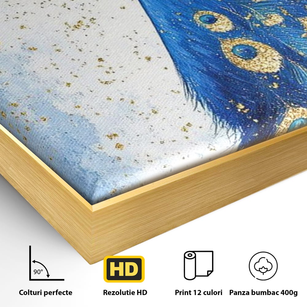 Leinwand Wandkunst Leinwand Wandkunst Premium, LuxCanva® M1077, Königin im goldenen Regen, Vogel, Pfau, Pfau, Feder, Saphir, Golden, Tropfen, Regen, Elegant, Königlich, Geheimnis, Detail, Büro, Wohnen, Kinderzimmer