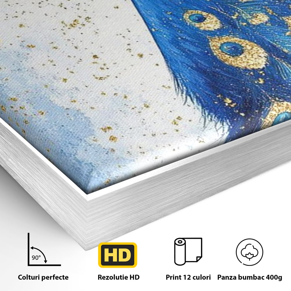 Leinwand Wandkunst Leinwand Wandkunst Premium, LuxCanva® M1077, Königin im goldenen Regen, Vogel, Pfau, Pfau, Feder, Saphir, Golden, Tropfen, Regen, Elegant, Königlich, Geheimnis, Detail, Büro, Wohnen, Kinderzimmer