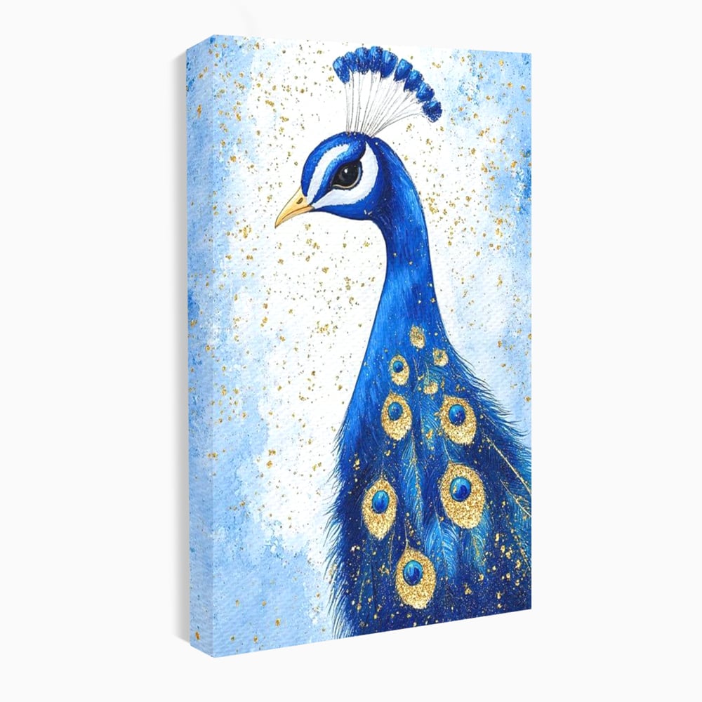 Leinwand Wandkunst Leinwand Wandkunst Premium, LuxCanva® M1077, Königin im goldenen Regen, Vogel, Pfau, Pfau, Feder, Saphir, Golden, Tropfen, Regen, Elegant, Königlich, Geheimnis, Detail, Büro, Wohnen, Kinderzimmer