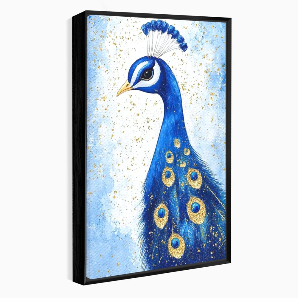 Leinwand Wandkunst Leinwand Wandkunst Premium, LuxCanva® M1077, Königin im goldenen Regen, Vogel, Pfau, Pfau, Feder, Saphir, Golden, Tropfen, Regen, Elegant, Königlich, Geheimnis, Detail, Büro, Wohnen, Kinderzimmer