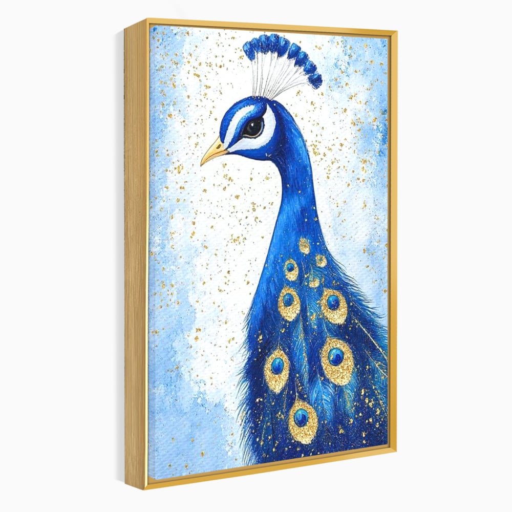 Leinwand Wandkunst Leinwand Wandkunst Premium, LuxCanva® M1077, Königin im goldenen Regen, Vogel, Pfau, Pfau, Feder, Saphir, Golden, Tropfen, Regen, Elegant, Königlich, Geheimnis, Detail, Büro, Wohnen, Kinderzimmer