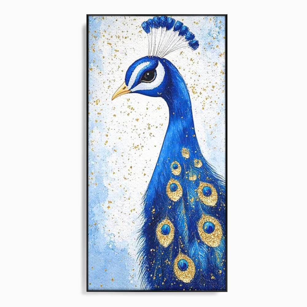 Leinwand Wandkunst Leinwand Wandkunst Premium, LuxCanva® M1077, Königin im goldenen Regen, Vogel, Pfau, Pfau, Feder, Saphir, Golden, Tropfen, Regen, Elegant, Königlich, Geheimnis, Detail, Büro, Wohnen, Kinderzimmer