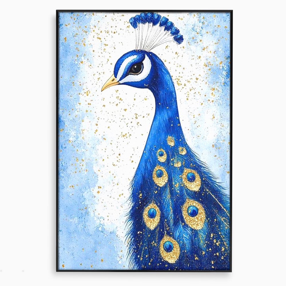 Leinwand Wandkunst Leinwand Wandkunst Premium, LuxCanva® M1077, Königin im goldenen Regen, Vogel, Pfau, Pfau, Feder, Saphir, Golden, Tropfen, Regen, Elegant, Königlich, Geheimnis, Detail, Büro, Wohnen, Kinderzimmer