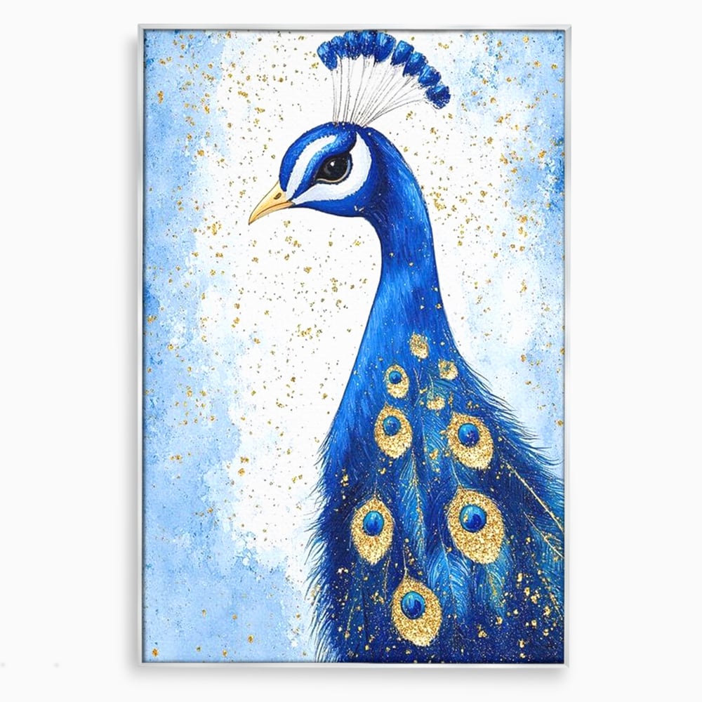 Leinwand Wandkunst Leinwand Wandkunst Premium, LuxCanva® M1077, Königin im goldenen Regen, Vogel, Pfau, Pfau, Feder, Saphir, Golden, Tropfen, Regen, Elegant, Königlich, Geheimnis, Detail, Büro, Wohnen, Kinderzimmer