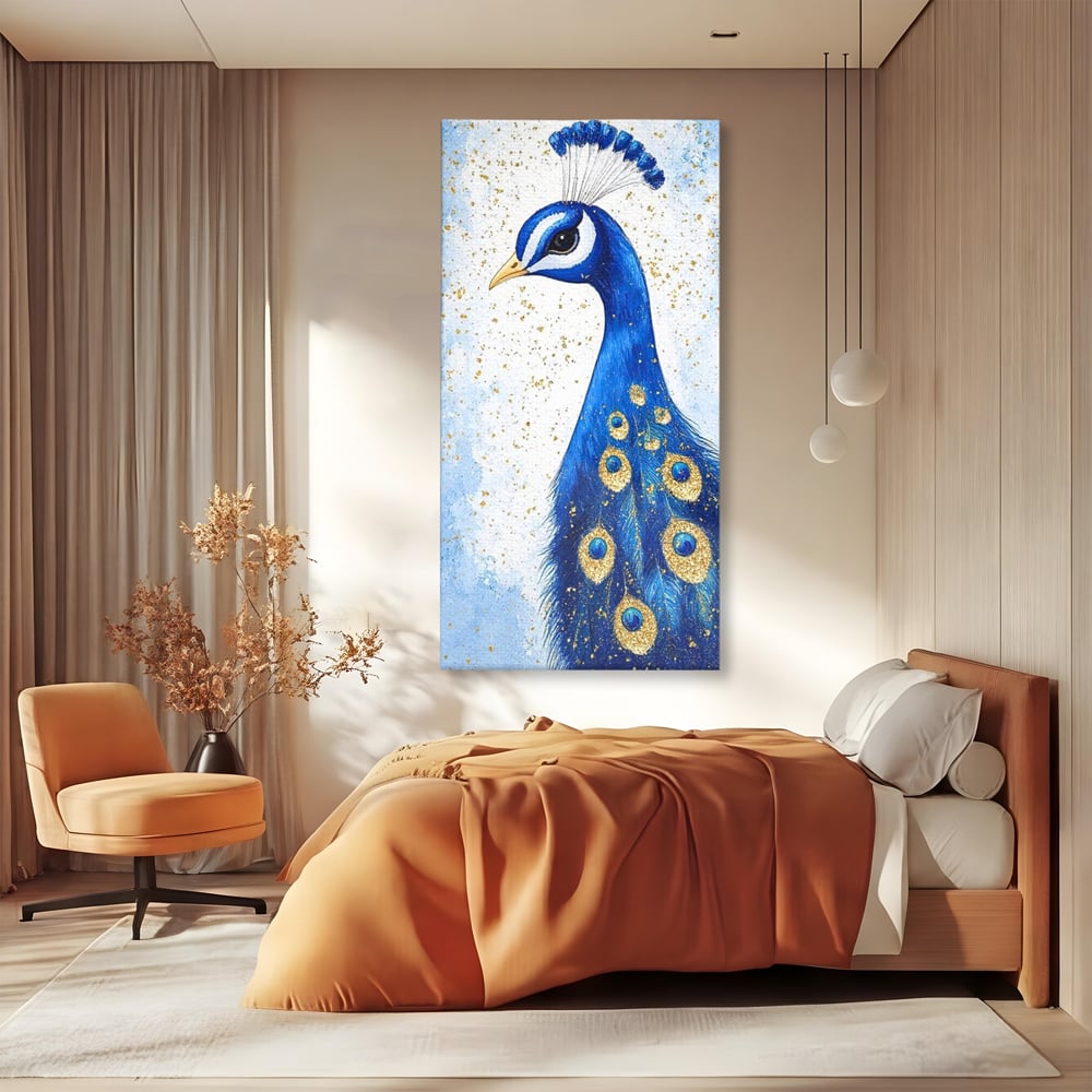 Leinwand Wandkunst Leinwand Wandkunst Premium, LuxCanva® M1077, Königin im goldenen Regen, Vogel, Pfau, Pfau, Feder, Saphir, Golden, Tropfen, Regen, Elegant, Königlich, Geheimnis, Detail, Büro, Wohnen, Kinderzimmer