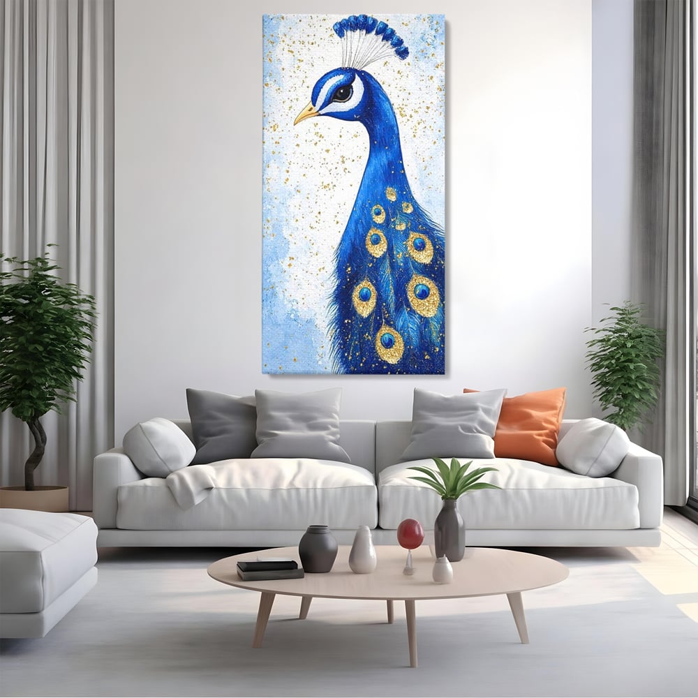 Leinwand Wandkunst Leinwand Wandkunst Premium, LuxCanva® M1077, Königin im goldenen Regen, Vogel, Pfau, Pfau, Feder, Saphir, Golden, Tropfen, Regen, Elegant, Königlich, Geheimnis, Detail, Büro, Wohnen, Kinderzimmer
