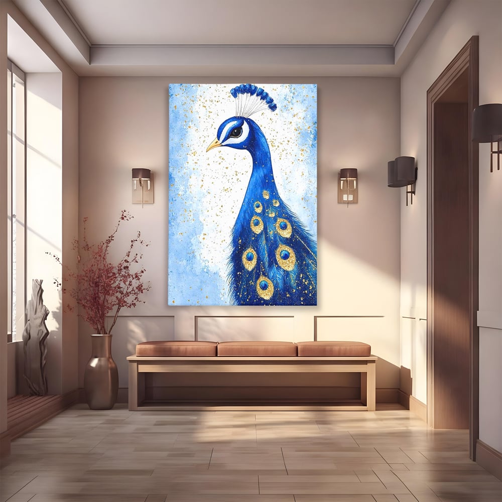 Leinwand Wandkunst Leinwand Wandkunst Premium, LuxCanva® M1077, Königin im goldenen Regen, Vogel, Pfau, Pfau, Feder, Saphir, Golden, Tropfen, Regen, Elegant, Königlich, Geheimnis, Detail, Büro, Wohnen, Kinderzimmer