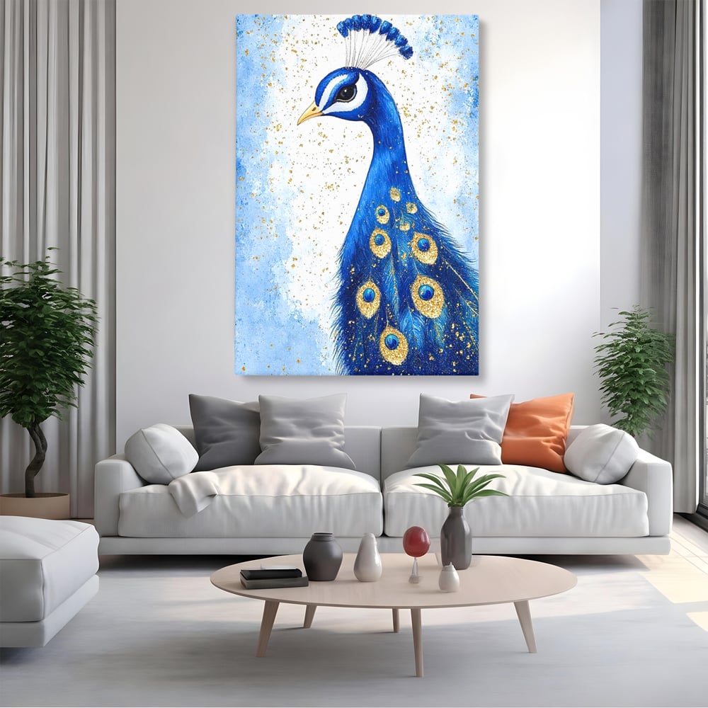 Leinwand Wandkunst Leinwand Wandkunst Premium, LuxCanva® M1077, Königin im goldenen Regen, Vogel, Pfau, Pfau, Feder, Saphir, Golden, Tropfen, Regen, Elegant, Königlich, Geheimnis, Detail, Büro, Wohnen, Kinderzimmer