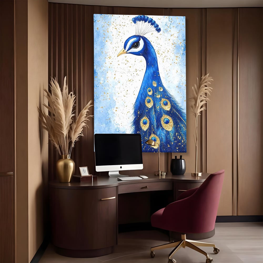 Leinwand Wandkunst Leinwand Wandkunst Premium, LuxCanva® M1077, Königin im goldenen Regen, Vogel, Pfau, Pfau, Feder, Saphir, Golden, Tropfen, Regen, Elegant, Königlich, Geheimnis, Detail, Büro, Wohnen, Kinderzimmer