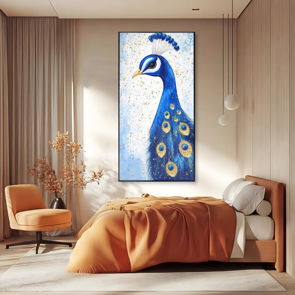 Leinwand Wandkunst Leinwand Wandkunst Premium, LuxCanva® M1077, Königin im goldenen Regen, Vogel, Pfau, Pfau, Feder, Saphir, Golden, Tropfen, Regen, Elegant, Königlich, Geheimnis, Detail, Büro, Wohnen, Kinderzimmer