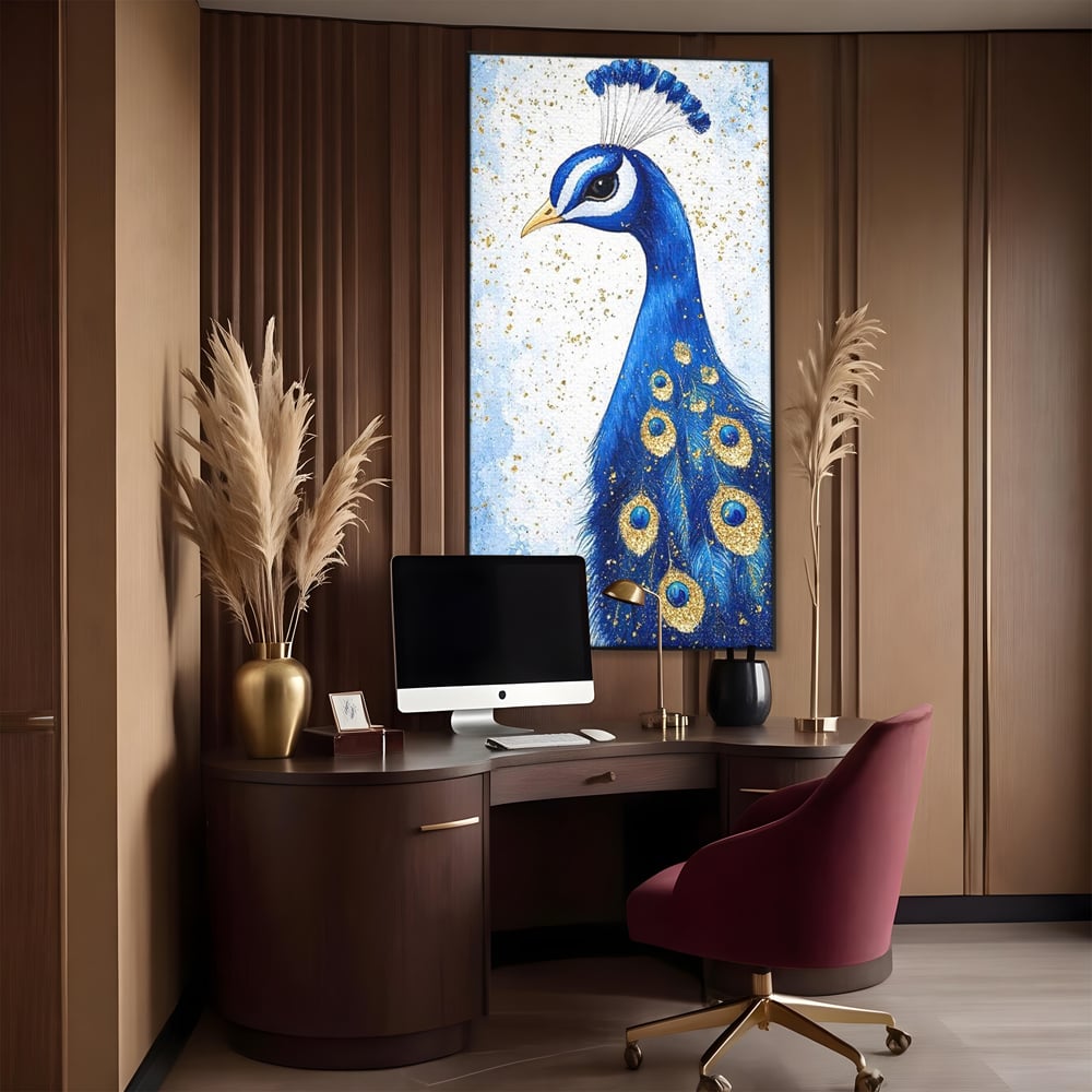 Leinwand Wandkunst Leinwand Wandkunst Premium, LuxCanva® M1077, Königin im goldenen Regen, Vogel, Pfau, Pfau, Feder, Saphir, Golden, Tropfen, Regen, Elegant, Königlich, Geheimnis, Detail, Büro, Wohnen, Kinderzimmer