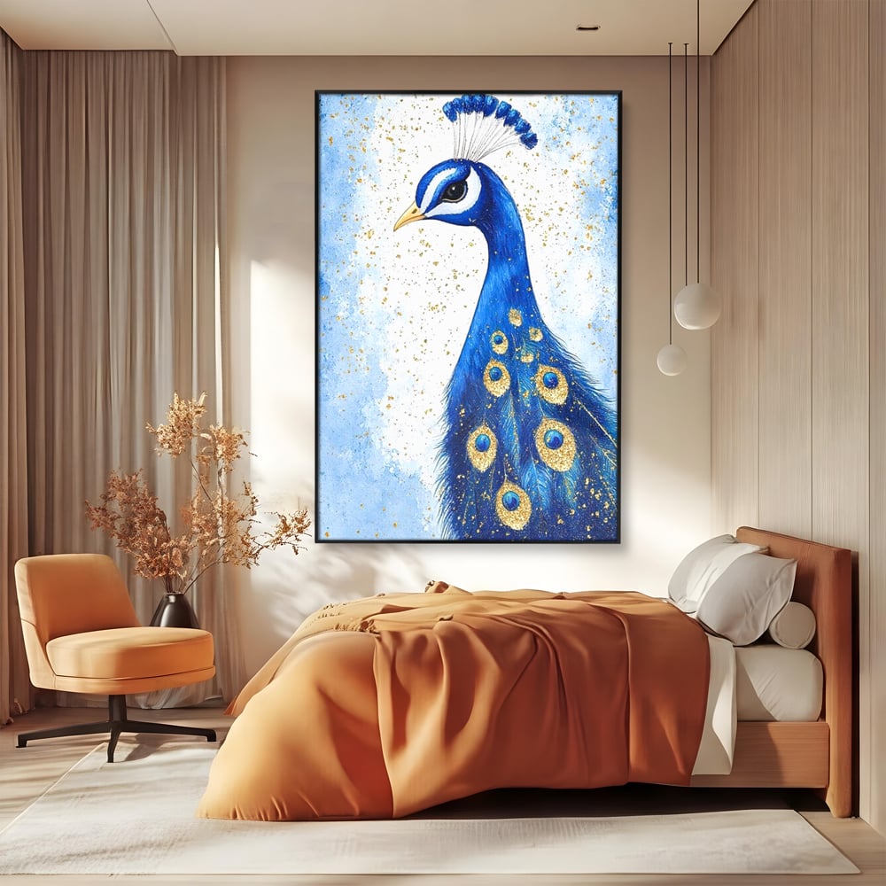 Leinwand Wandkunst Leinwand Wandkunst Premium, LuxCanva® M1077, Königin im goldenen Regen, Vogel, Pfau, Pfau, Feder, Saphir, Golden, Tropfen, Regen, Elegant, Königlich, Geheimnis, Detail, Büro, Wohnen, Kinderzimmer