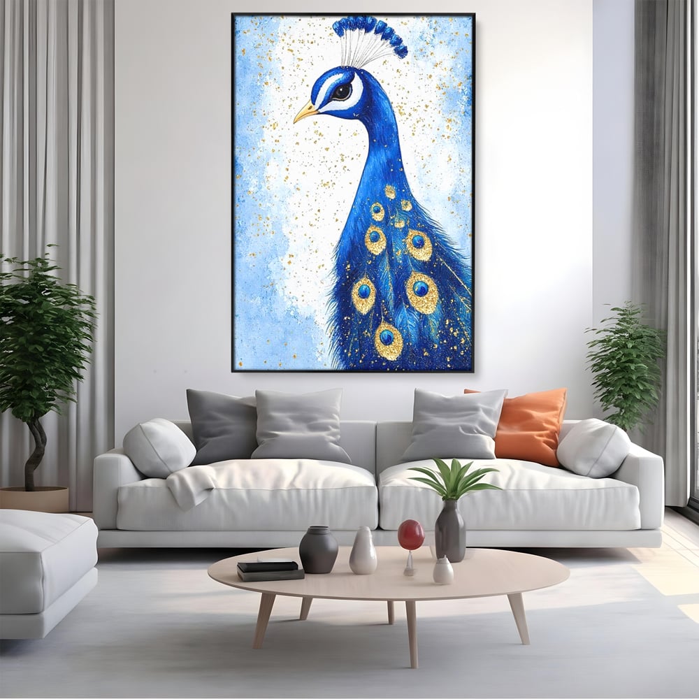 Leinwand Wandkunst Leinwand Wandkunst Premium, LuxCanva® M1077, Königin im goldenen Regen, Vogel, Pfau, Pfau, Feder, Saphir, Golden, Tropfen, Regen, Elegant, Königlich, Geheimnis, Detail, Büro, Wohnen, Kinderzimmer