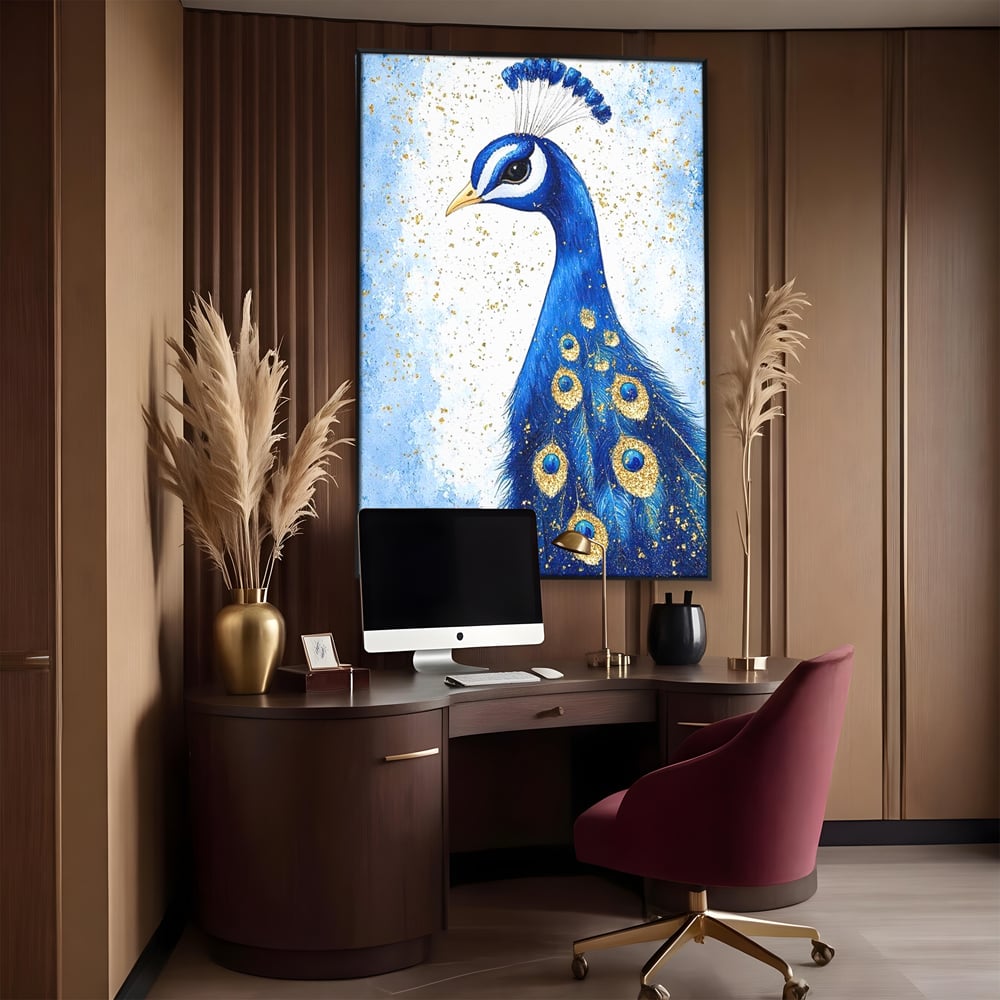 Leinwand Wandkunst Leinwand Wandkunst Premium, LuxCanva® M1077, Königin im goldenen Regen, Vogel, Pfau, Pfau, Feder, Saphir, Golden, Tropfen, Regen, Elegant, Königlich, Geheimnis, Detail, Büro, Wohnen, Kinderzimmer