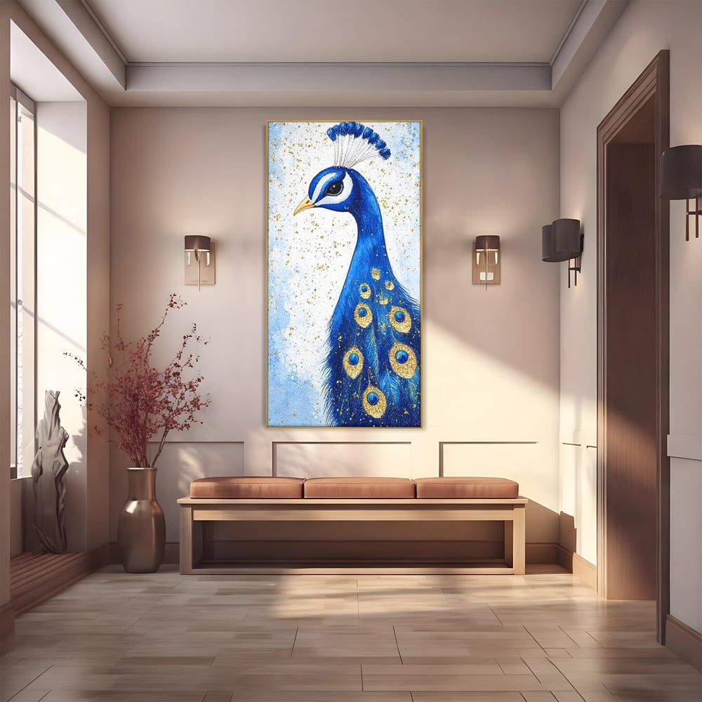 Leinwand Wandkunst Leinwand Wandkunst Premium, LuxCanva® M1077, Königin im goldenen Regen, Vogel, Pfau, Pfau, Feder, Saphir, Golden, Tropfen, Regen, Elegant, Königlich, Geheimnis, Detail, Büro, Wohnen, Kinderzimmer