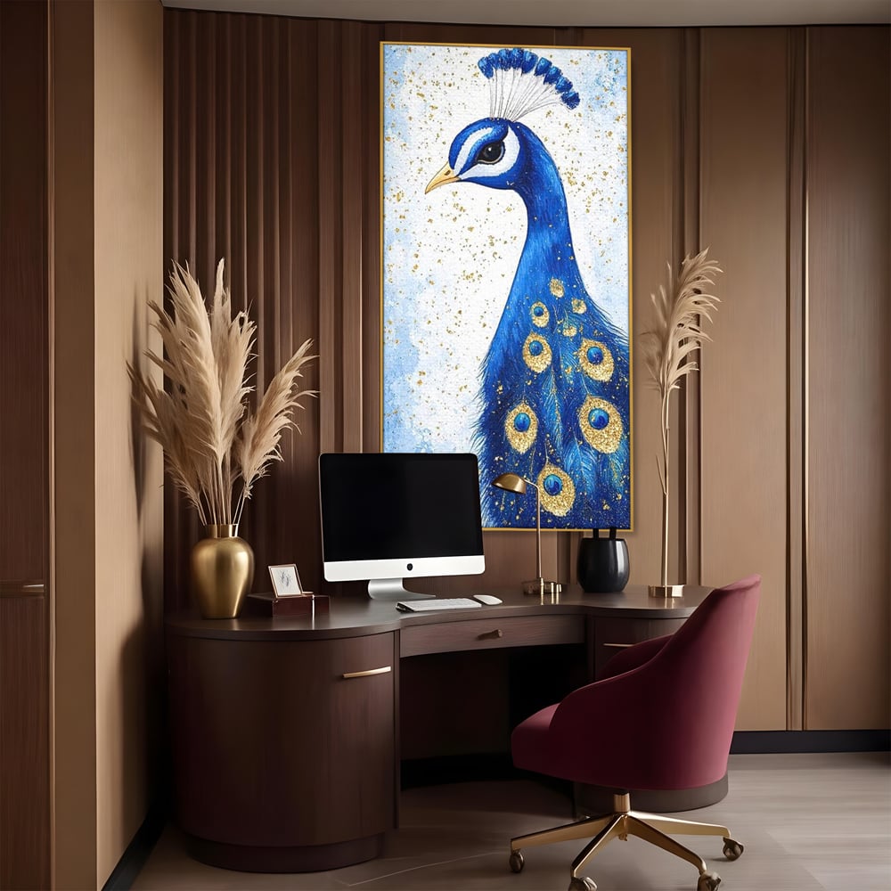 Leinwand Wandkunst Leinwand Wandkunst Premium, LuxCanva® M1077, Königin im goldenen Regen, Vogel, Pfau, Pfau, Feder, Saphir, Golden, Tropfen, Regen, Elegant, Königlich, Geheimnis, Detail, Büro, Wohnen, Kinderzimmer