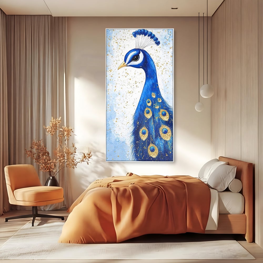 Leinwand Wandkunst Leinwand Wandkunst Premium, LuxCanva® M1077, Königin im goldenen Regen, Vogel, Pfau, Pfau, Feder, Saphir, Golden, Tropfen, Regen, Elegant, Königlich, Geheimnis, Detail, Büro, Wohnen, Kinderzimmer