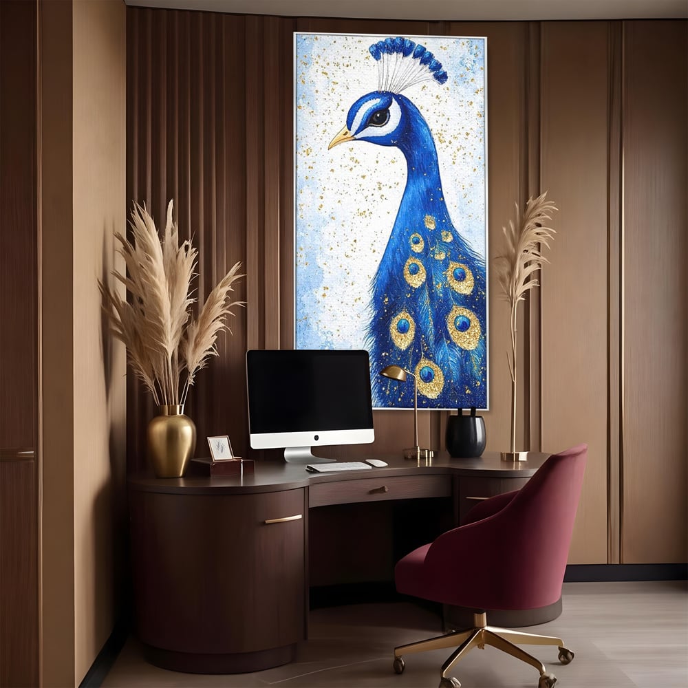 Leinwand Wandkunst Leinwand Wandkunst Premium, LuxCanva® M1077, Königin im goldenen Regen, Vogel, Pfau, Pfau, Feder, Saphir, Golden, Tropfen, Regen, Elegant, Königlich, Geheimnis, Detail, Büro, Wohnen, Kinderzimmer