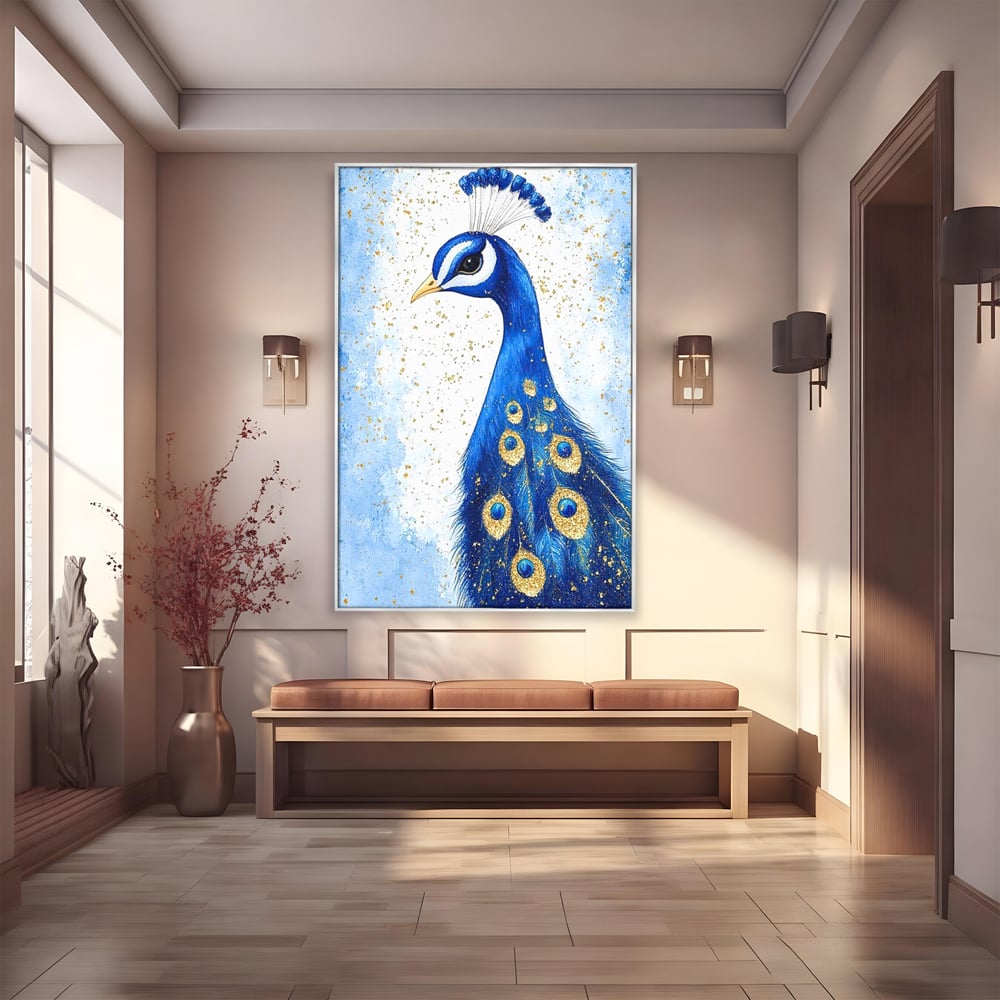 Leinwand Wandkunst Leinwand Wandkunst Premium, LuxCanva® M1077, Königin im goldenen Regen, Vogel, Pfau, Pfau, Feder, Saphir, Golden, Tropfen, Regen, Elegant, Königlich, Geheimnis, Detail, Büro, Wohnen, Kinderzimmer