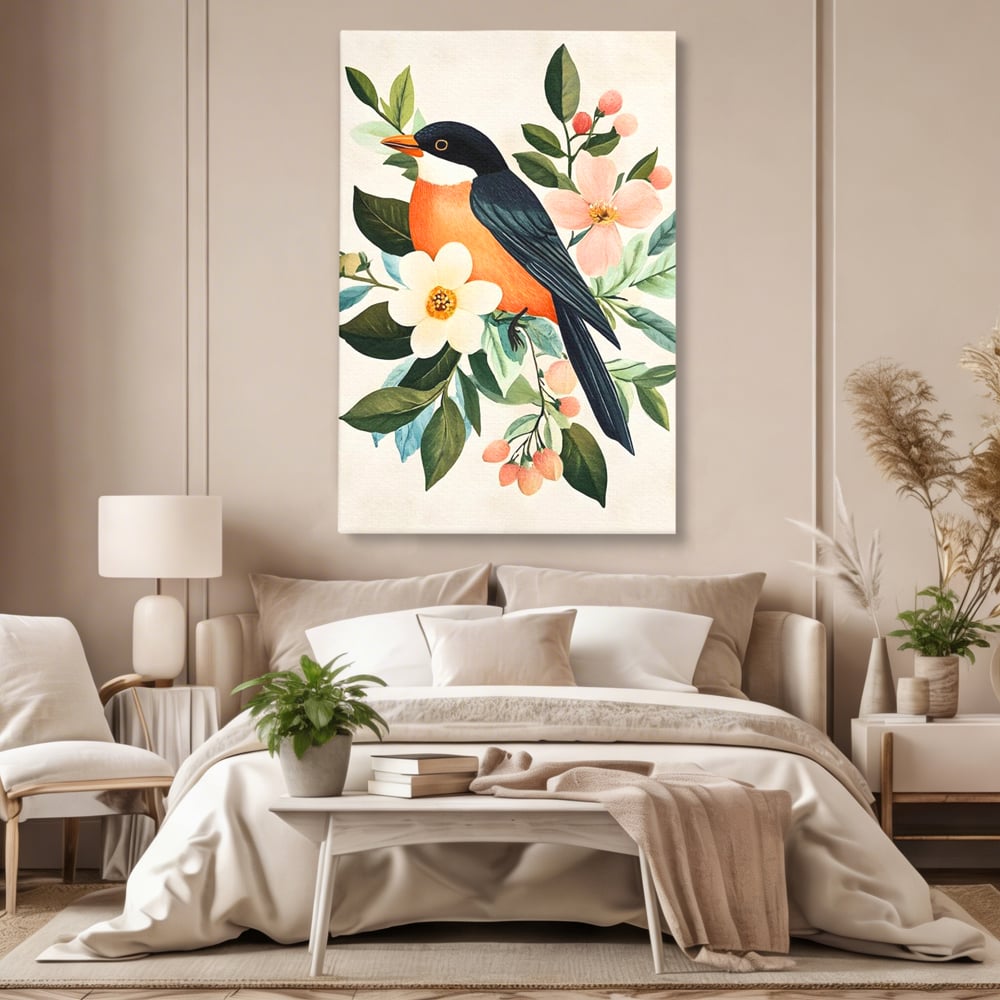 Tablou Canvas Premium, LuxCanva® M1078, Clipa Inflorita, Petale, Flori, Primavara, Oriental, Asiatic, Pasare, Pene, Inocenta, Natura, Portret, Minimalist, Birou, Living, Camera Copil