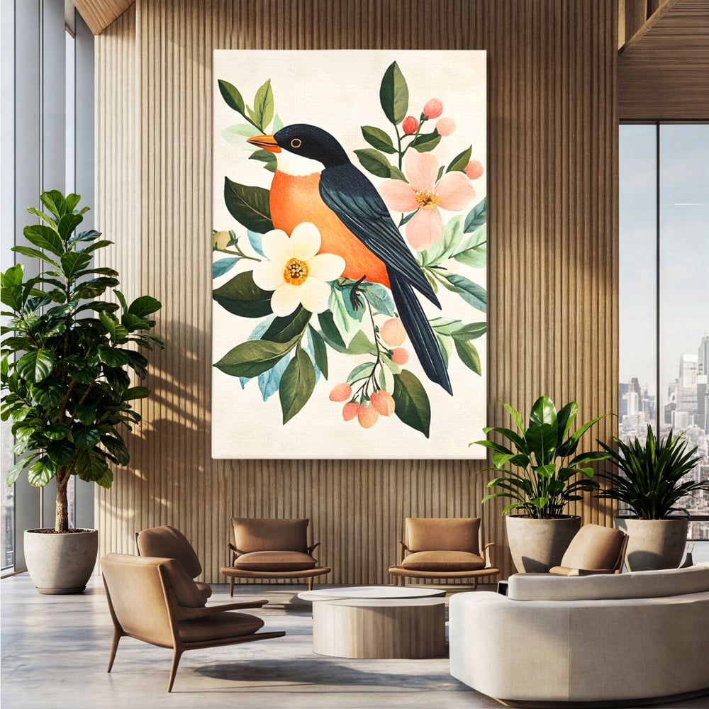 Tablou Canvas Premium, LuxCanva® M1078, Clipa Inflorita, Petale, Flori, Primavara, Oriental, Asiatic, Pasare, Pene, Inocenta, Natura, Portret, Minimalist, Birou, Living, Camera Copil
