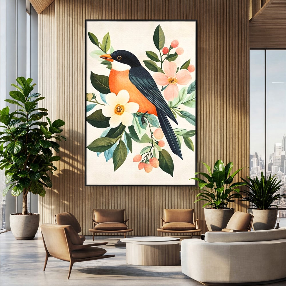 Tablou Canvas Premium, LuxCanva® M1078, Clipa Inflorita, Petale, Flori, Primavara, Oriental, Asiatic, Pasare, Pene, Inocenta, Natura, Portret, Minimalist, Birou, Living, Camera Copil