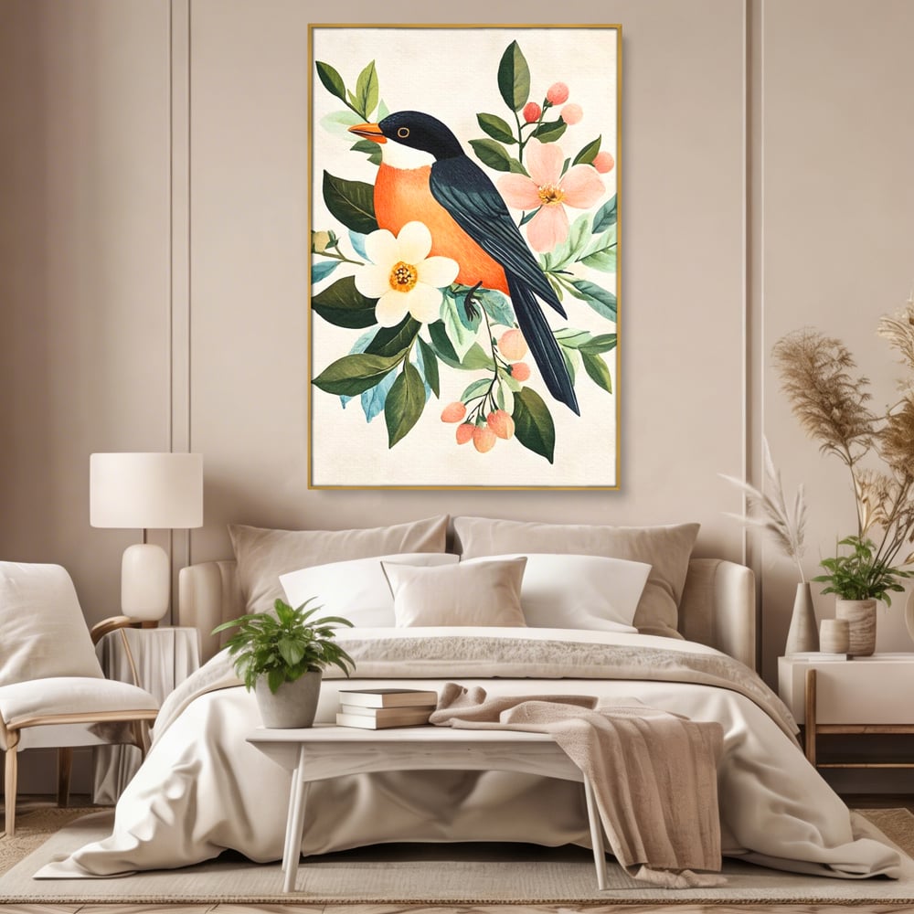Tablou Canvas Premium, LuxCanva® M1078, Clipa Inflorita, Petale, Flori, Primavara, Oriental, Asiatic, Pasare, Pene, Inocenta, Natura, Portret, Minimalist, Birou, Living, Camera Copil
