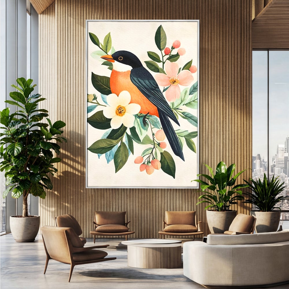 Tablou Canvas Premium, LuxCanva® M1078, Clipa Inflorita, Petale, Flori, Primavara, Oriental, Asiatic, Pasare, Pene, Inocenta, Natura, Portret, Minimalist, Birou, Living, Camera Copil
