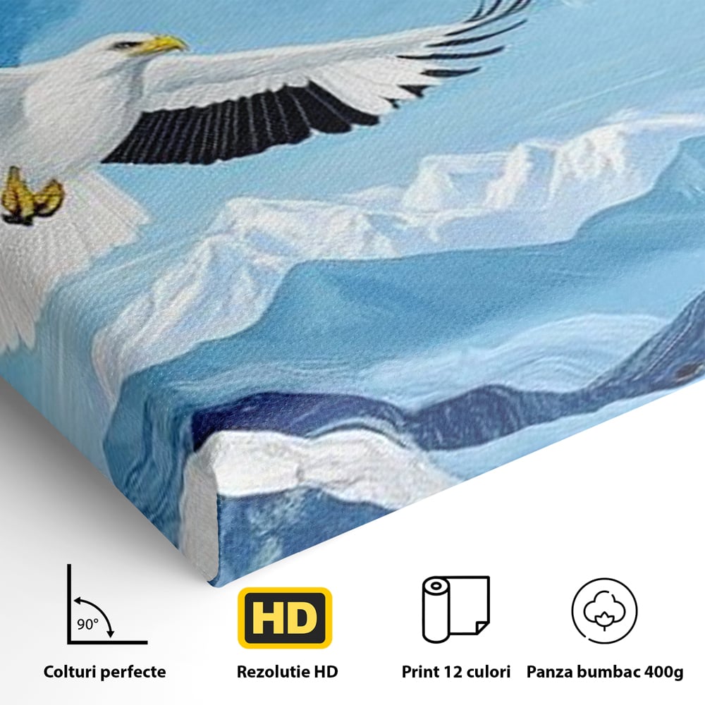 Tablou Canvas Premium, LuxCanva® M1079, Ultimul Deasupra Muntilor, Pasare, Vultur, Aripi, Zbor, Inaltime, Munti, Orizont, Pictura, Textura, Acuarela, Birou, Living, Camera Copil