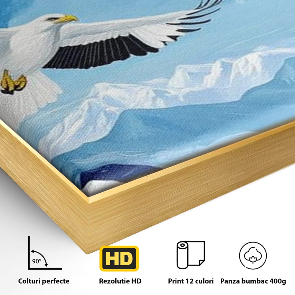 Tablou Canvas Premium, LuxCanva® M1079, Ultimul Deasupra Muntilor, Pasare, Vultur, Aripi, Zbor, Inaltime, Munti, Orizont, Pictura, Textura, Acuarela, Birou, Living, Camera Copil