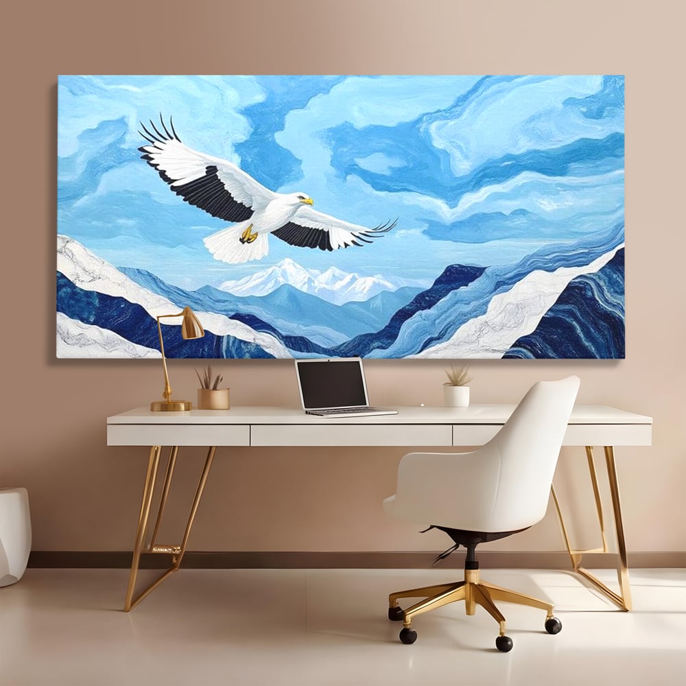 Tablou Canvas Premium, LuxCanva® M1079, Ultimul Deasupra Muntilor, Pasare, Vultur, Aripi, Zbor, Inaltime, Munti, Orizont, Pictura, Textura, Acuarela, Birou, Living, Camera Copil