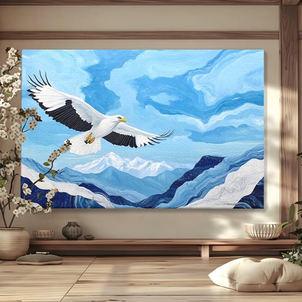 Tablou Canvas Premium, LuxCanva® M1079, Ultimul Deasupra Muntilor, Pasare, Vultur, Aripi, Zbor, Inaltime, Munti, Orizont, Pictura, Textura, Acuarela, Birou, Living, Camera Copil
