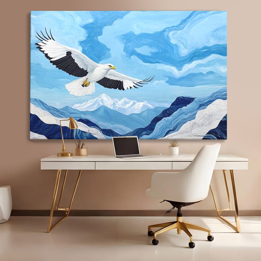 Tablou Canvas Premium, LuxCanva® M1079, Ultimul Deasupra Muntilor, Pasare, Vultur, Aripi, Zbor, Inaltime, Munti, Orizont, Pictura, Textura, Acuarela, Birou, Living, Camera Copil