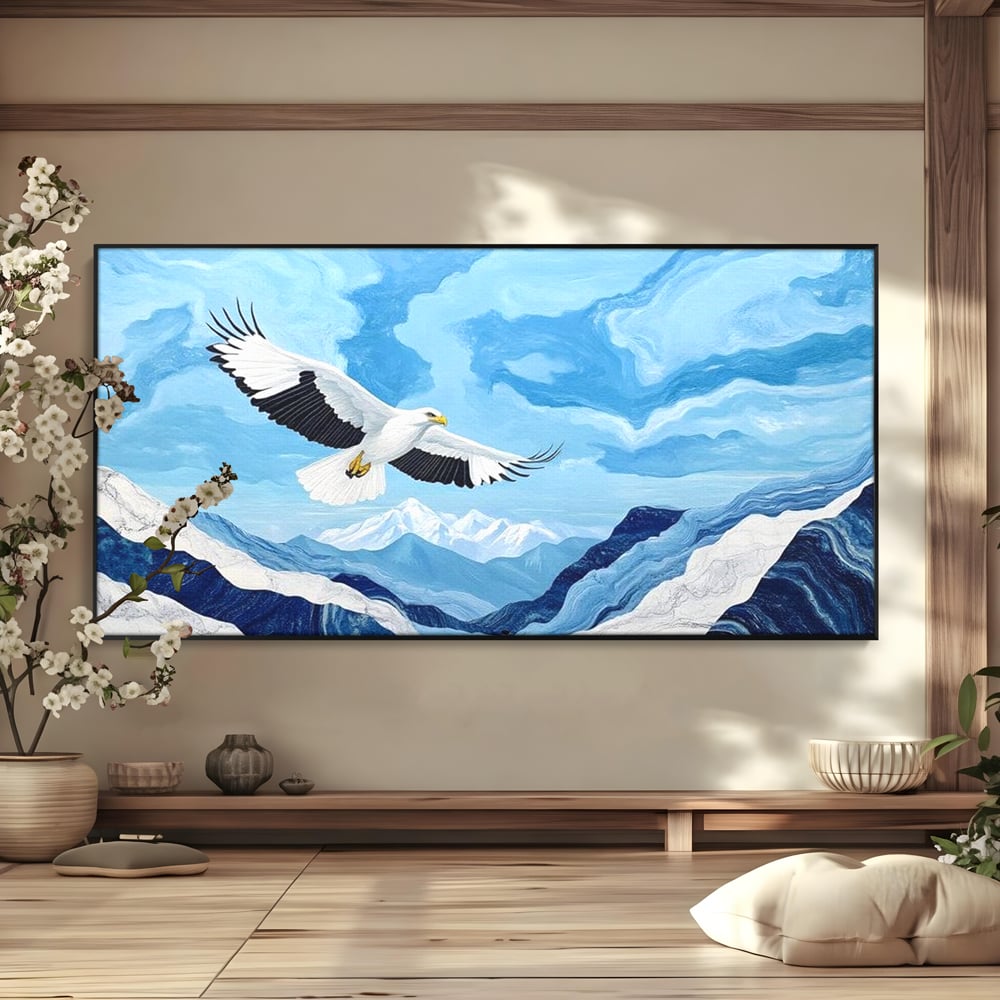 Tablou Canvas Premium, LuxCanva® M1079, Ultimul Deasupra Muntilor, Pasare, Vultur, Aripi, Zbor, Inaltime, Munti, Orizont, Pictura, Textura, Acuarela, Birou, Living, Camera Copil