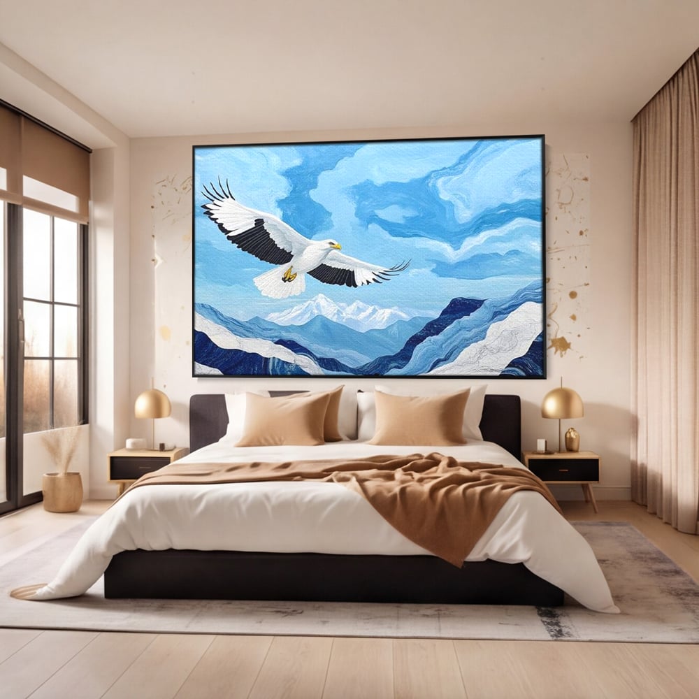 Tablou Canvas Premium, LuxCanva® M1079, Ultimul Deasupra Muntilor, Pasare, Vultur, Aripi, Zbor, Inaltime, Munti, Orizont, Pictura, Textura, Acuarela, Birou, Living, Camera Copil