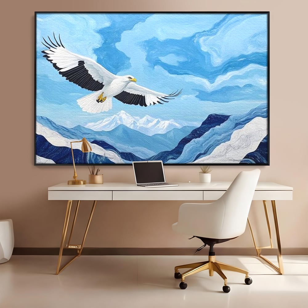 Tablou Canvas Premium, LuxCanva® M1079, Ultimul Deasupra Muntilor, Pasare, Vultur, Aripi, Zbor, Inaltime, Munti, Orizont, Pictura, Textura, Acuarela, Birou, Living, Camera Copil