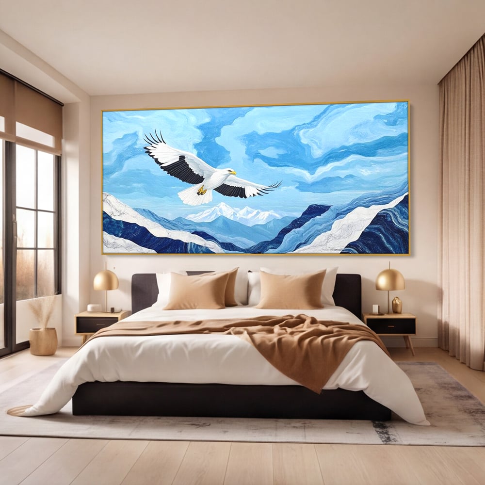 Tablou Canvas Premium, LuxCanva® M1079, Ultimul Deasupra Muntilor, Pasare, Vultur, Aripi, Zbor, Inaltime, Munti, Orizont, Pictura, Textura, Acuarela, Birou, Living, Camera Copil