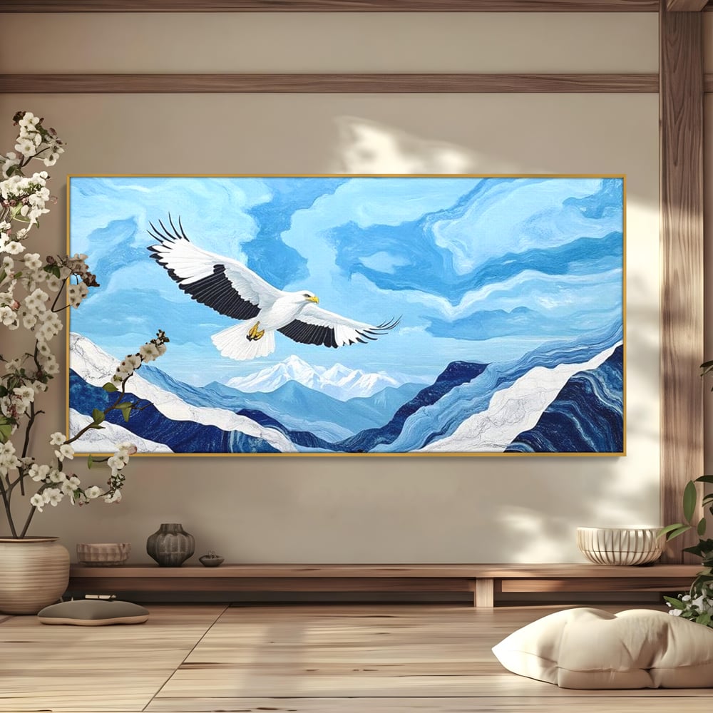 Tablou Canvas Premium, LuxCanva® M1079, Ultimul Deasupra Muntilor, Pasare, Vultur, Aripi, Zbor, Inaltime, Munti, Orizont, Pictura, Textura, Acuarela, Birou, Living, Camera Copil