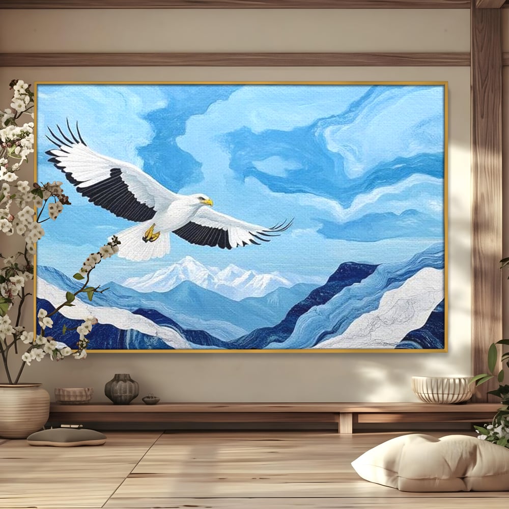 Tablou Canvas Premium, LuxCanva® M1079, Ultimul Deasupra Muntilor, Pasare, Vultur, Aripi, Zbor, Inaltime, Munti, Orizont, Pictura, Textura, Acuarela, Birou, Living, Camera Copil