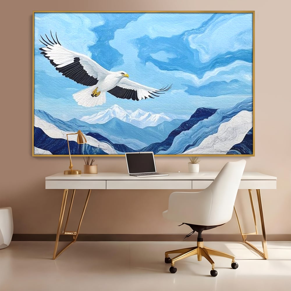 Tablou Canvas Premium, LuxCanva® M1079, Ultimul Deasupra Muntilor, Pasare, Vultur, Aripi, Zbor, Inaltime, Munti, Orizont, Pictura, Textura, Acuarela, Birou, Living, Camera Copil