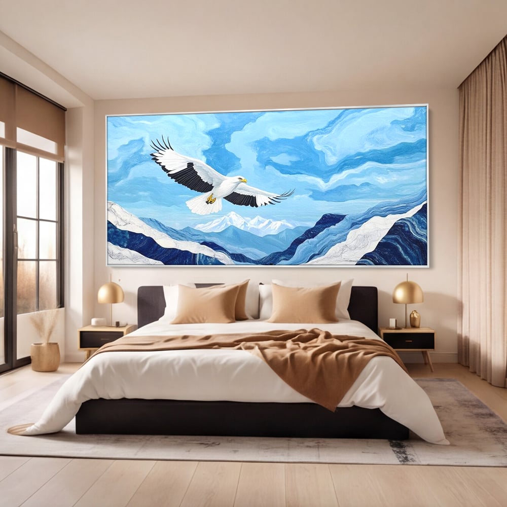Tablou Canvas Premium, LuxCanva® M1079, Ultimul Deasupra Muntilor, Pasare, Vultur, Aripi, Zbor, Inaltime, Munti, Orizont, Pictura, Textura, Acuarela, Birou, Living, Camera Copil