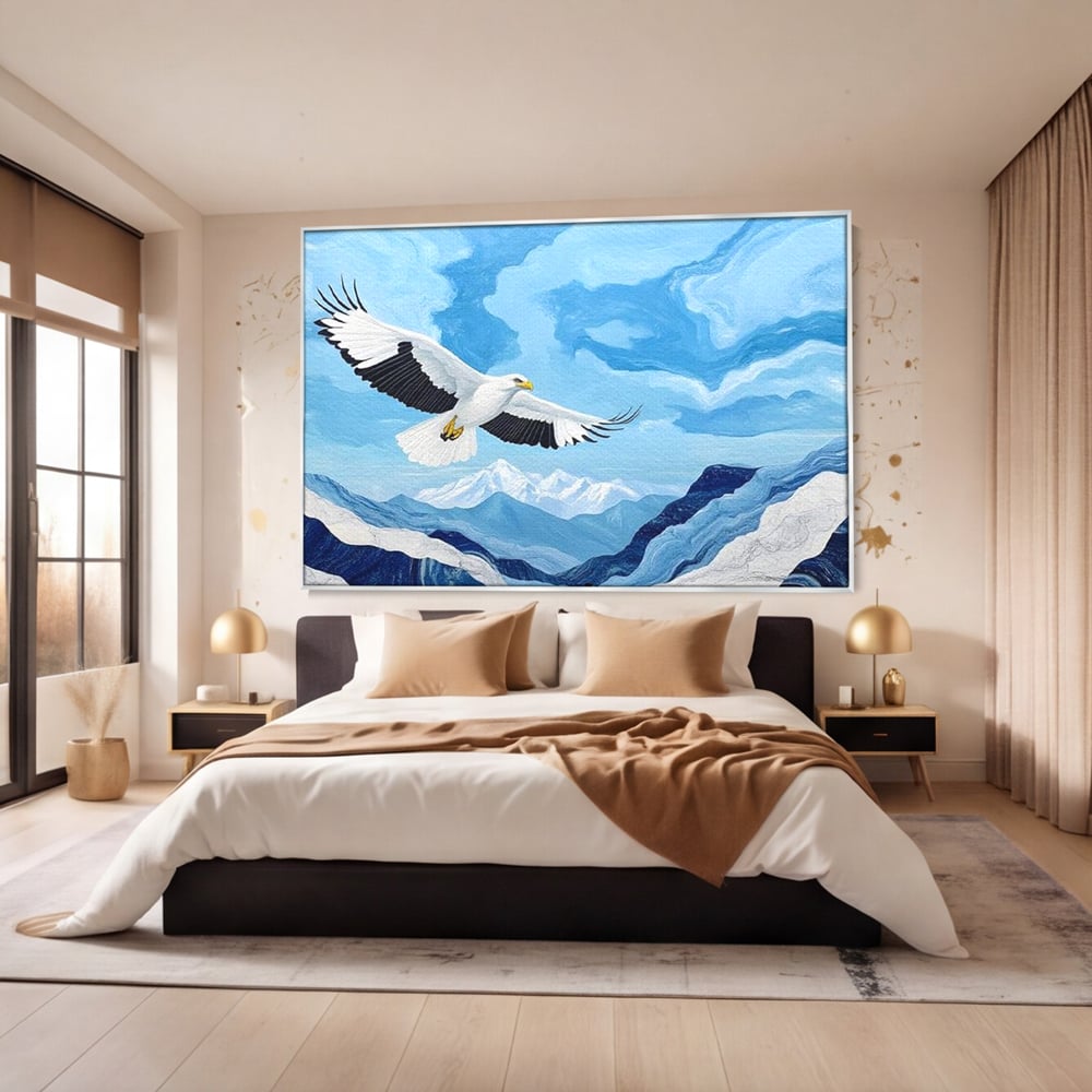 Tablou Canvas Premium, LuxCanva® M1079, Ultimul Deasupra Muntilor, Pasare, Vultur, Aripi, Zbor, Inaltime, Munti, Orizont, Pictura, Textura, Acuarela, Birou, Living, Camera Copil