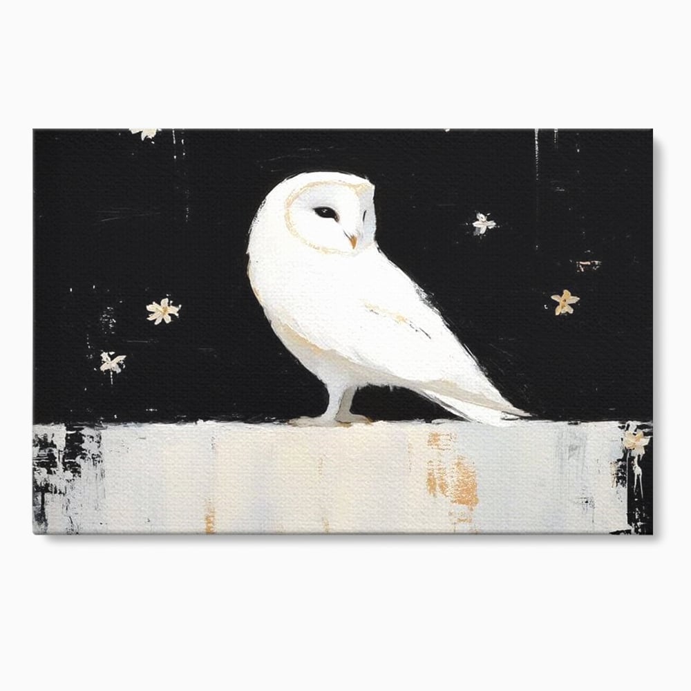Leinwand Wandkunst Leinwand Wandkunst Premium, LuxCanva® M1080, Weiß Herz der Nacht, Reinheit, Weisheit, Weiß, Schwarz, Nacht, Kontrast, Vögel, Eule, Flügel, Blumen, Blütenblätter, Büro, Wohnen, Babyzimmer