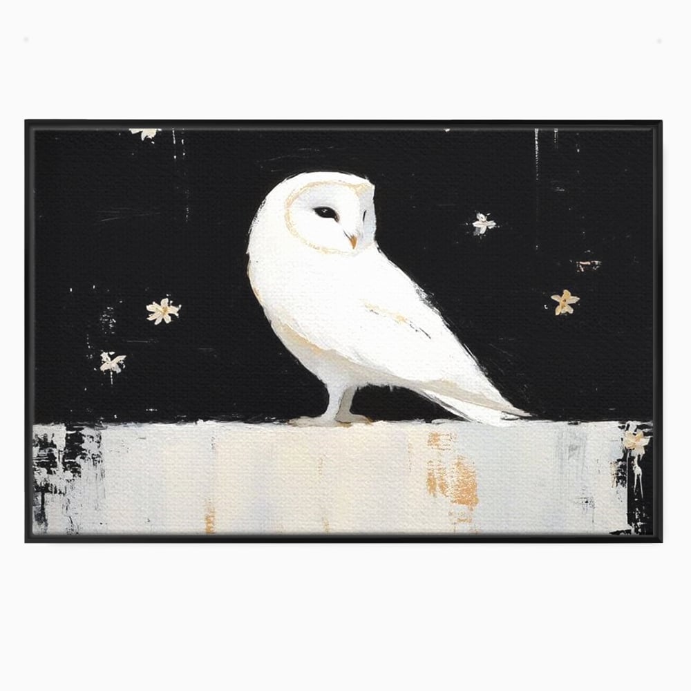Leinwand Wandkunst Leinwand Wandkunst Premium, LuxCanva® M1080, Weiß Herz der Nacht, Reinheit, Weisheit, Weiß, Schwarz, Nacht, Kontrast, Vögel, Eule, Flügel, Blumen, Blütenblätter, Büro, Wohnen, Babyzimmer