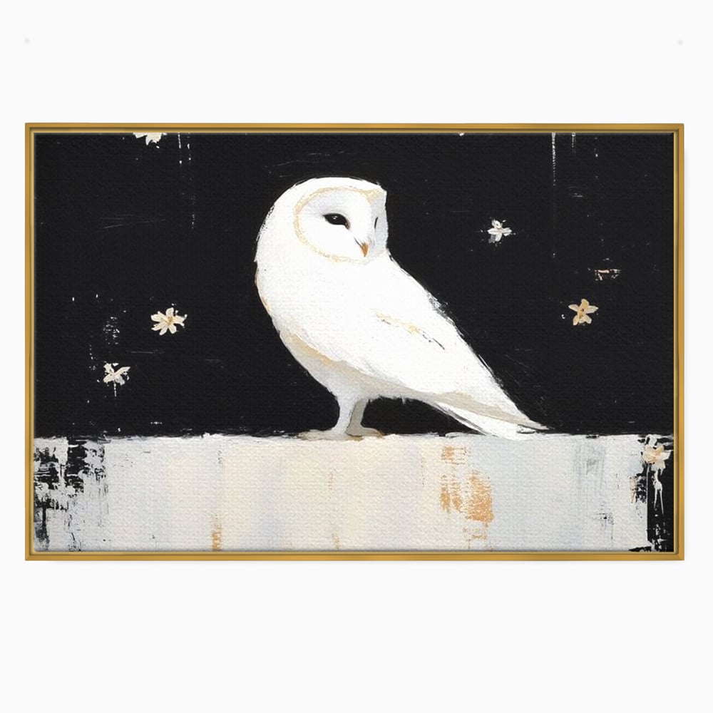 Leinwand Wandkunst Leinwand Wandkunst Premium, LuxCanva® M1080, Weiß Herz der Nacht, Reinheit, Weisheit, Weiß, Schwarz, Nacht, Kontrast, Vögel, Eule, Flügel, Blumen, Blütenblätter, Büro, Wohnen, Babyzimmer