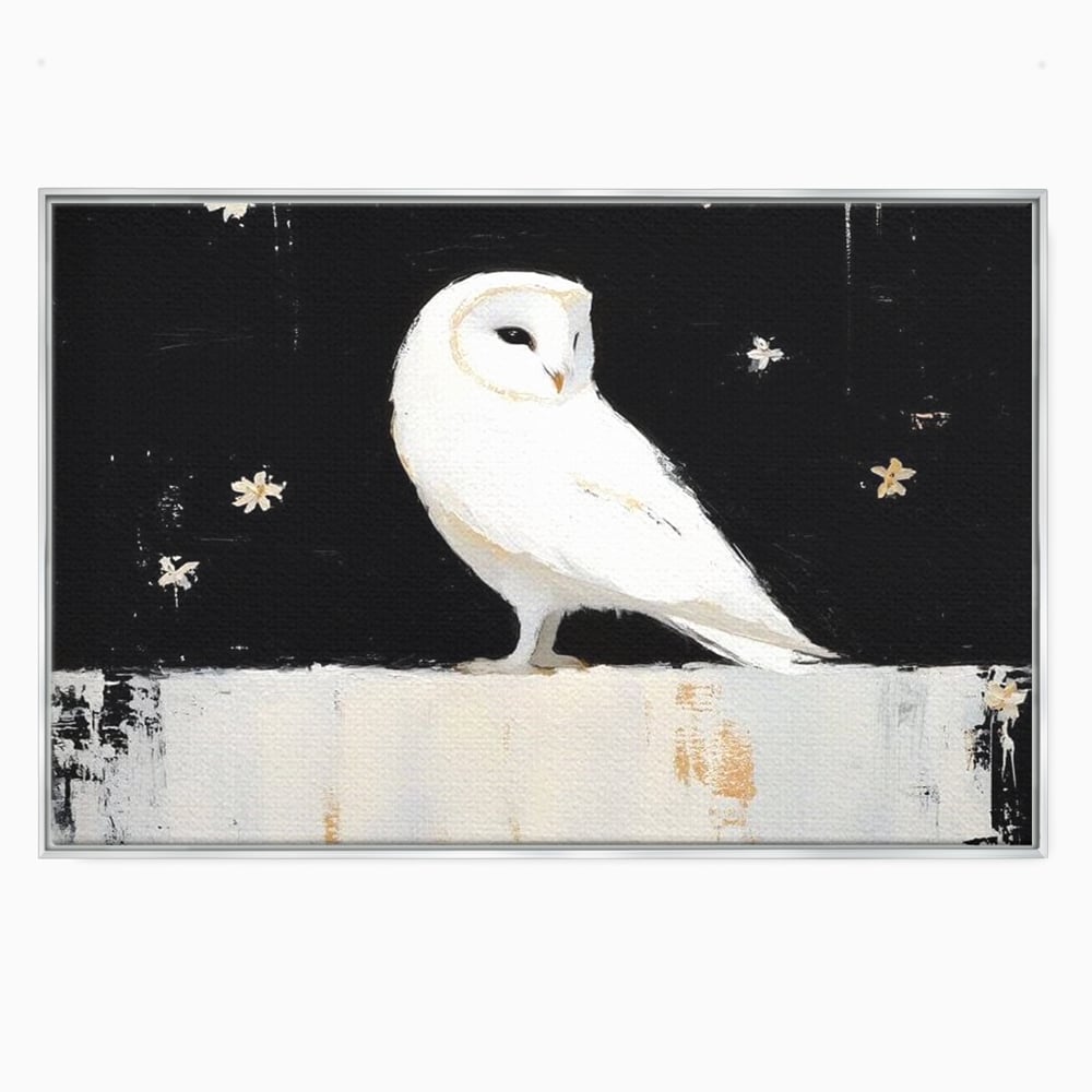 Leinwand Wandkunst Leinwand Wandkunst Premium, LuxCanva® M1080, Weiß Herz der Nacht, Reinheit, Weisheit, Weiß, Schwarz, Nacht, Kontrast, Vögel, Eule, Flügel, Blumen, Blütenblätter, Büro, Wohnen, Babyzimmer