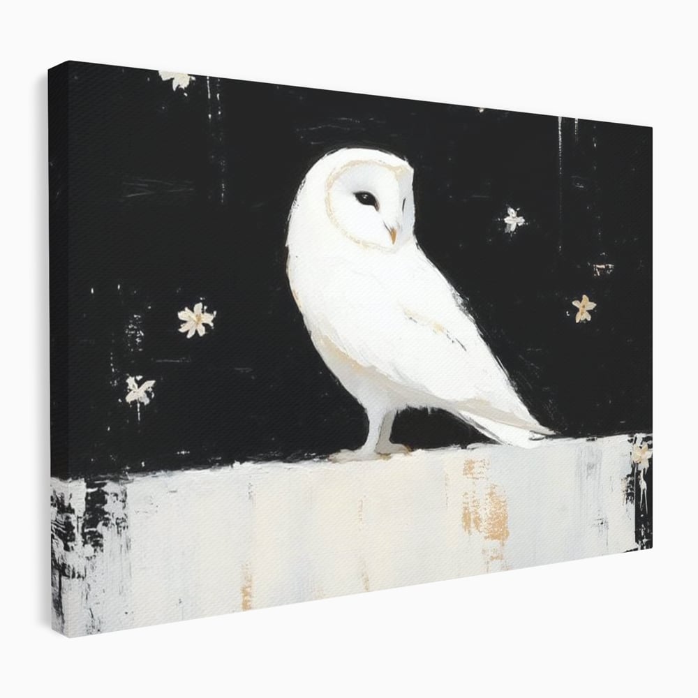 Leinwand Wandkunst Leinwand Wandkunst Premium, LuxCanva® M1080, Weiß Herz der Nacht, Reinheit, Weisheit, Weiß, Schwarz, Nacht, Kontrast, Vögel, Eule, Flügel, Blumen, Blütenblätter, Büro, Wohnen, Babyzimmer