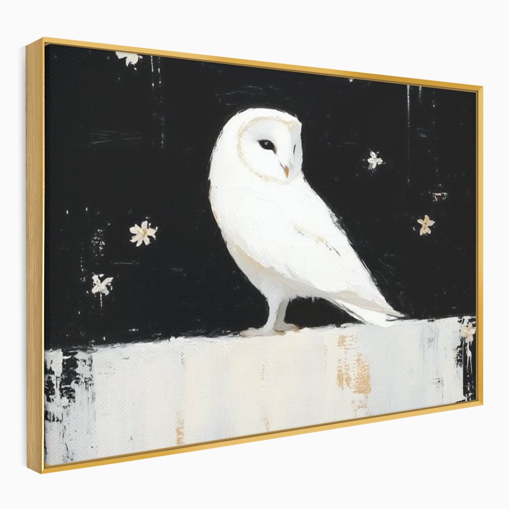 Leinwand Wandkunst Leinwand Wandkunst Premium, LuxCanva® M1080, Weiß Herz der Nacht, Reinheit, Weisheit, Weiß, Schwarz, Nacht, Kontrast, Vögel, Eule, Flügel, Blumen, Blütenblätter, Büro, Wohnen, Babyzimmer